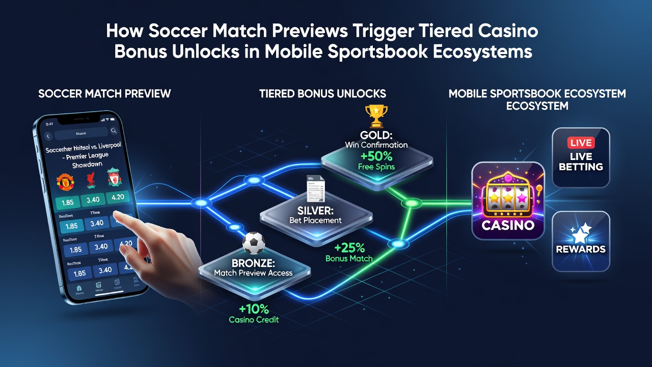 Flow diagram of preview engagement leading to casino tier progression on mobile device